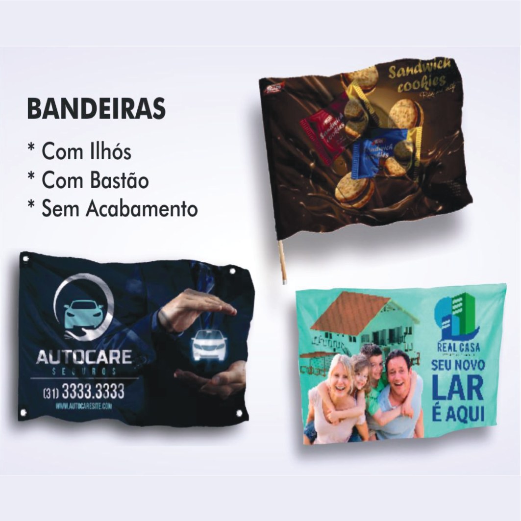 Bandeiras — com ilhós, bastão ou sem acabamento