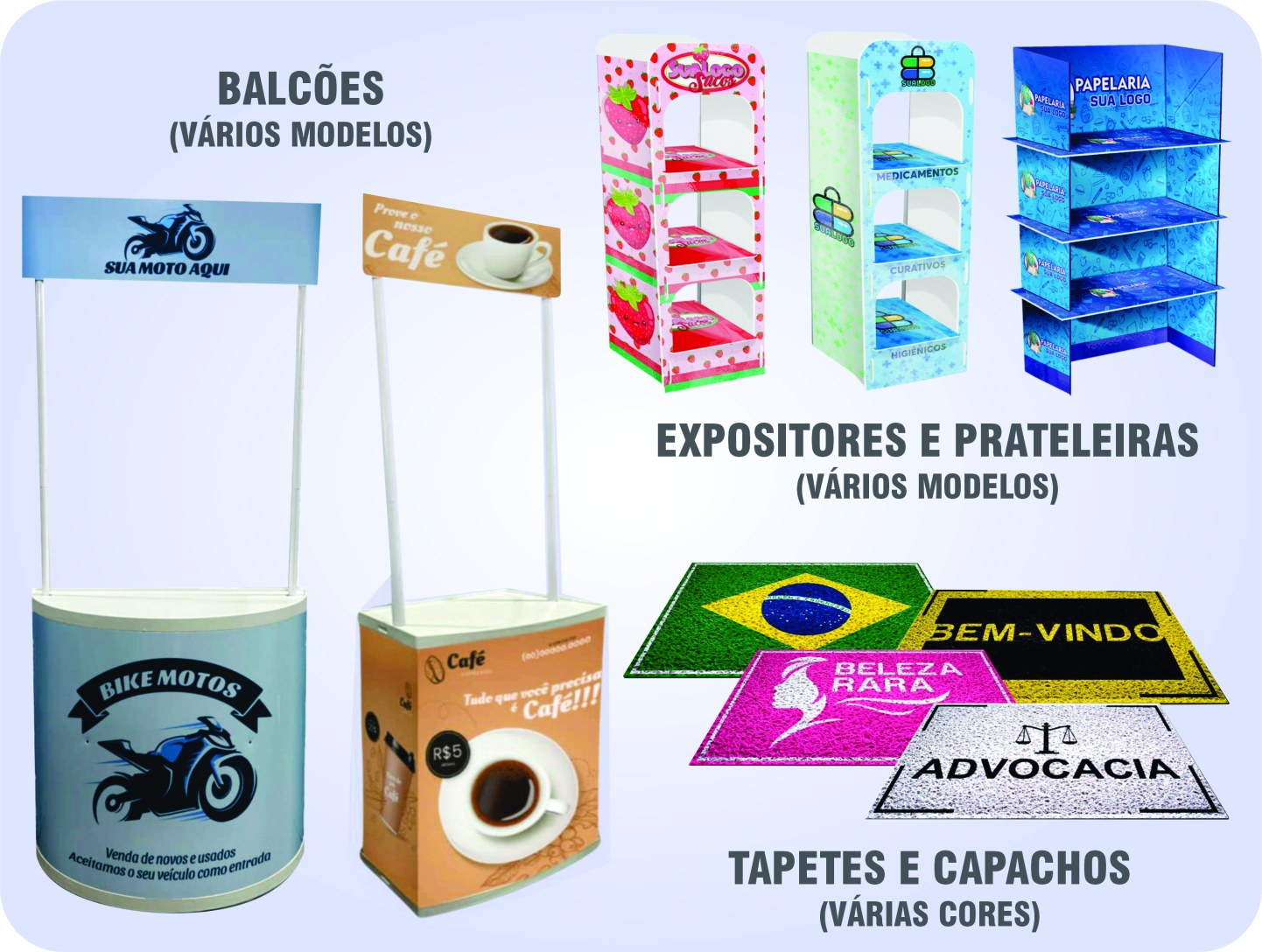 Balcões, expositores, prateleiras, tapetes e capachos